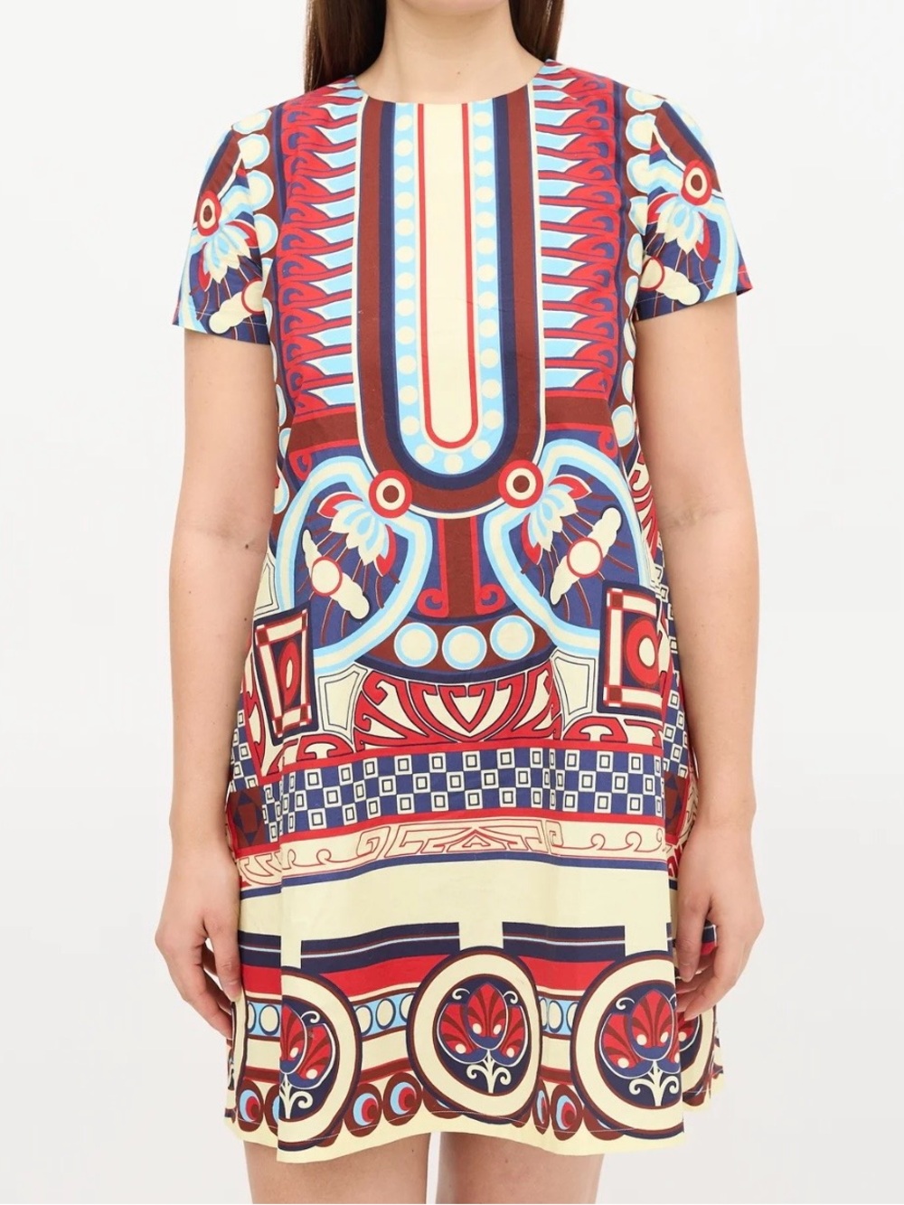LA DoubleJ Short-Sleeve Shift Dress - Red, Blue, Cream